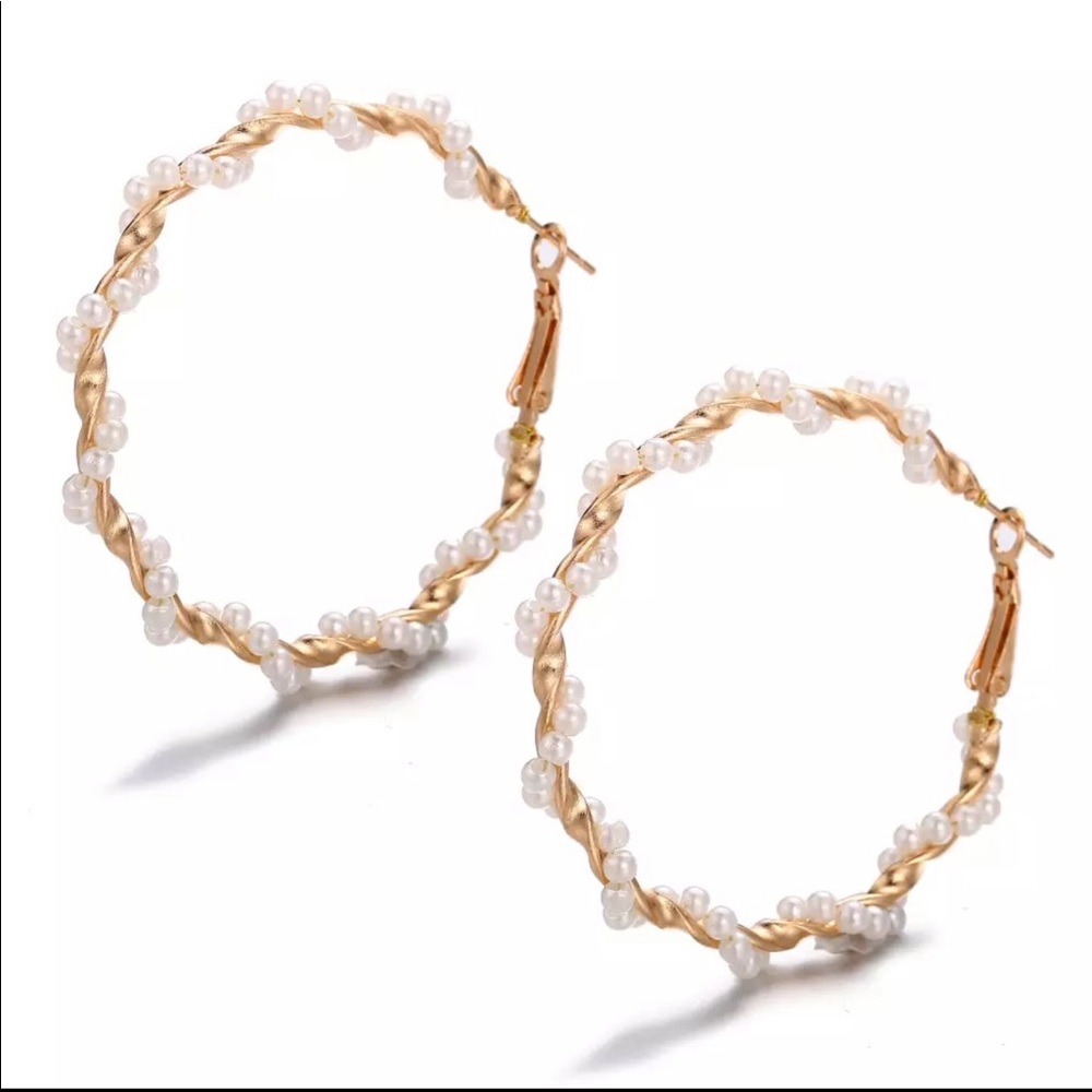 Twisted Faux Pearl Gold Hoop Earrings - Picture 3 of 8